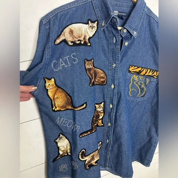 Vintage Blue Generation Denim Cat Shirt Embroidered Cats Print Pocket Large - Picture 2 of 5
